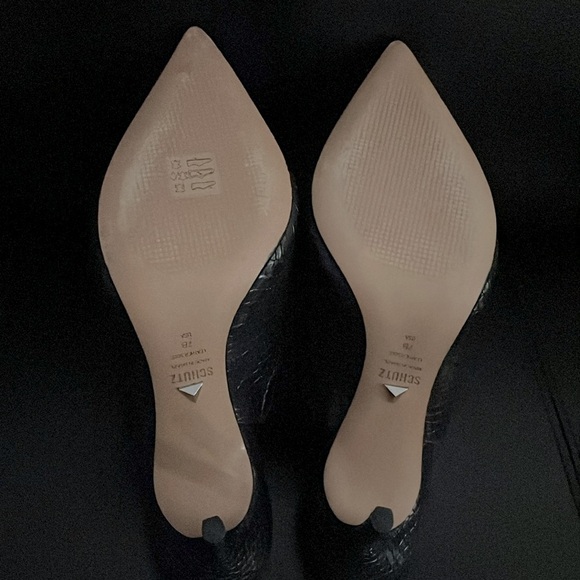 Schutz Bardot Croc Embossed Leather Stiletto Mules - Picture 9 of 11